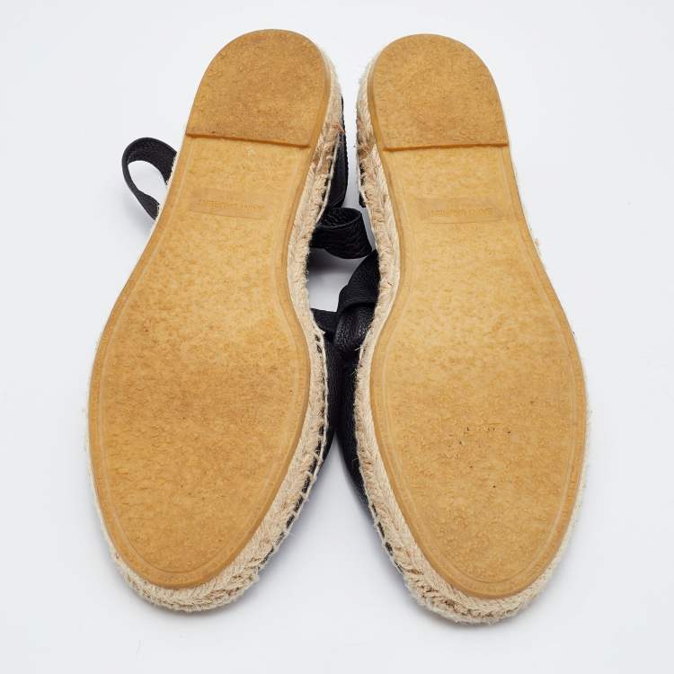 Pre Owned Saint Laurent Black Leather Tie Up Espadrille Flat Size 35.5