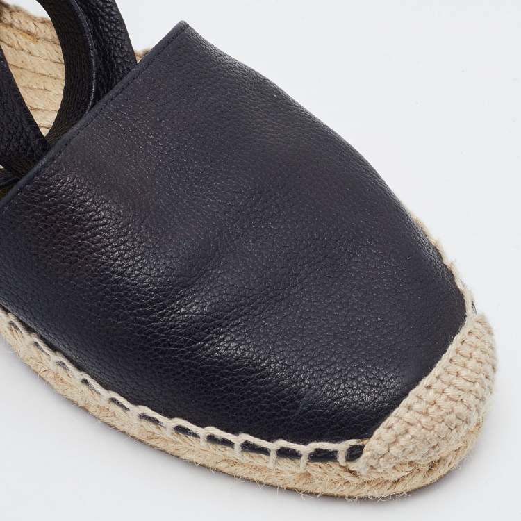 Pre Owned Saint Laurent Black Leather Tie Up Espadrille Flat Size 35.5