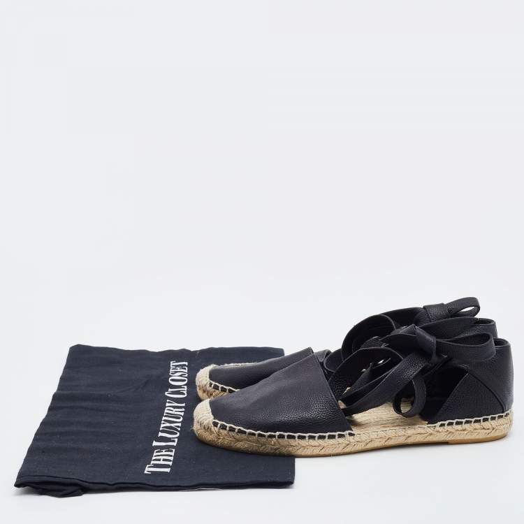 Pre Owned Saint Laurent Black Leather Tie Up Espadrille Flat Size 35.5