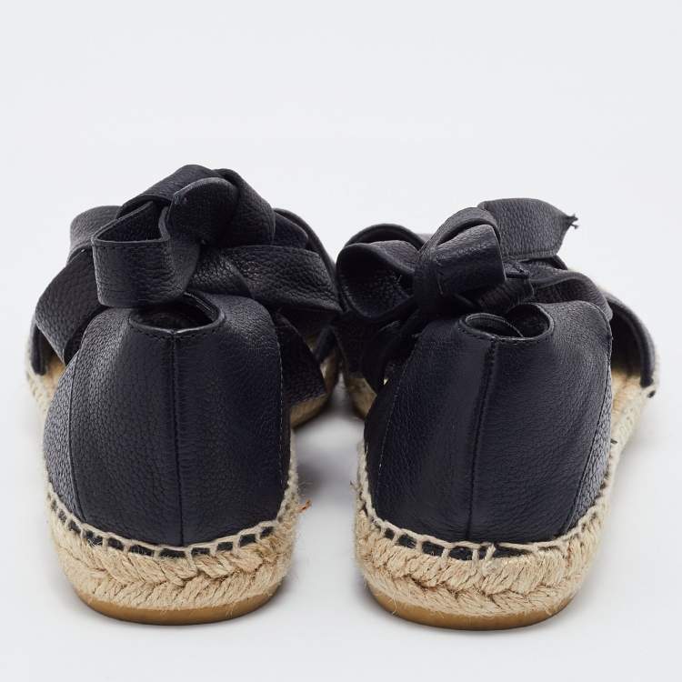 Pre Owned Saint Laurent Black Leather Tie Up Espadrille Flat Size 35.5