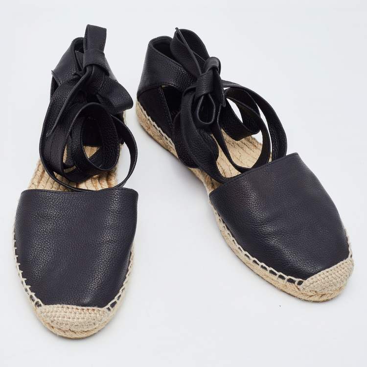 Pre Owned Saint Laurent Black Leather Tie Up Espadrille Flat Size 35.5
