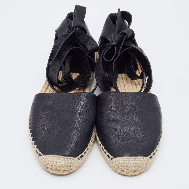 Pre Owned Saint Laurent Black Leather Tie Up Espadrille Flat Size 35.5