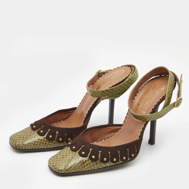 Pre Owned Saint Laurent Paris Green/Brown Python and Suede Ankle Strap Pumps Size 39