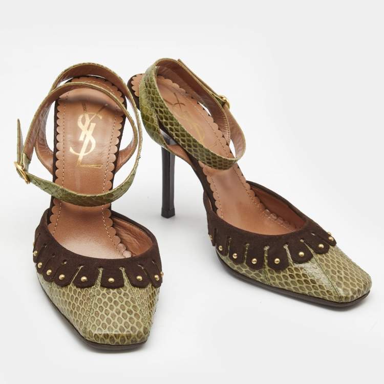 Pre Owned Saint Laurent Paris Green/Brown Python and Suede Ankle Strap Pumps Size 39