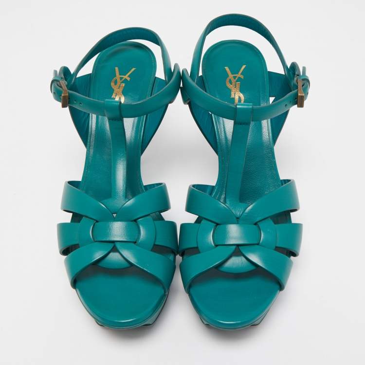 Pre Owned Saint Laurent Green Leather Tribute Sandals Size 39