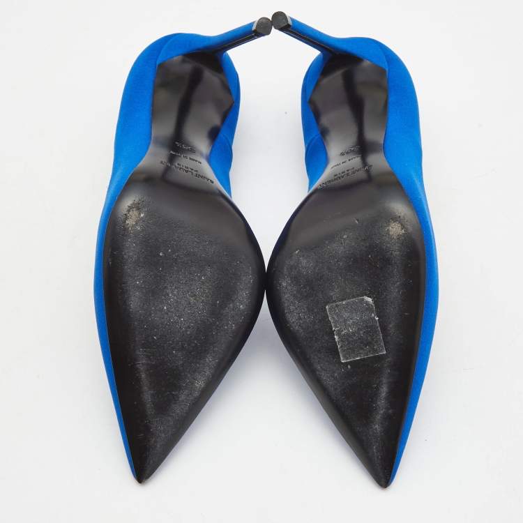 Pre Owned Saint Laurent Navy Blue Canvas Pointed Pumps Size 36.5
