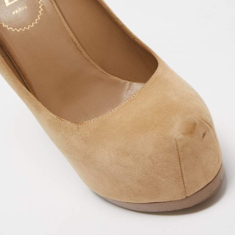 Pre Owned Saint Laurent Beige Suede Tribtoo Platform Pumps Size 38.5