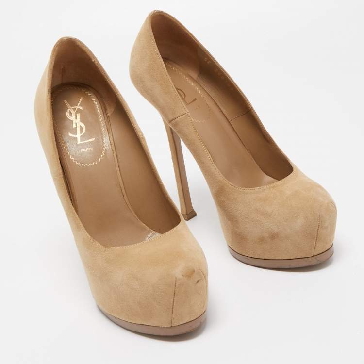 Pre Owned Saint Laurent Beige Suede Tribtoo Platform Pumps Size 38.5