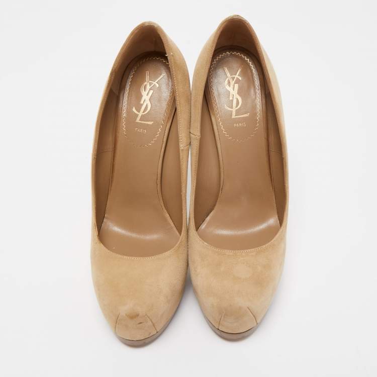 Pre Owned Saint Laurent Beige Suede Tribtoo Platform Pumps Size 38.5