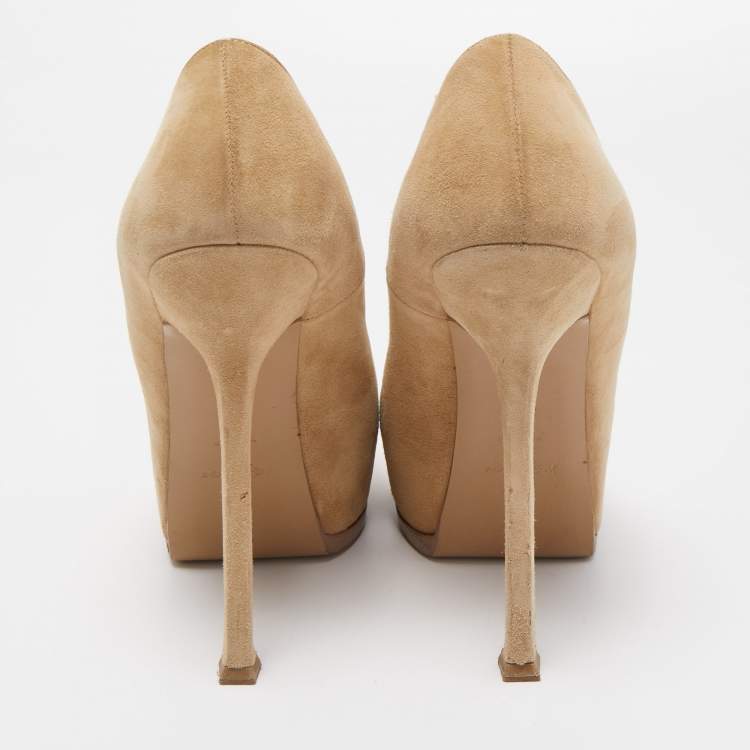 Pre Owned Saint Laurent Beige Suede Tribtoo Platform Pumps Size 38.5