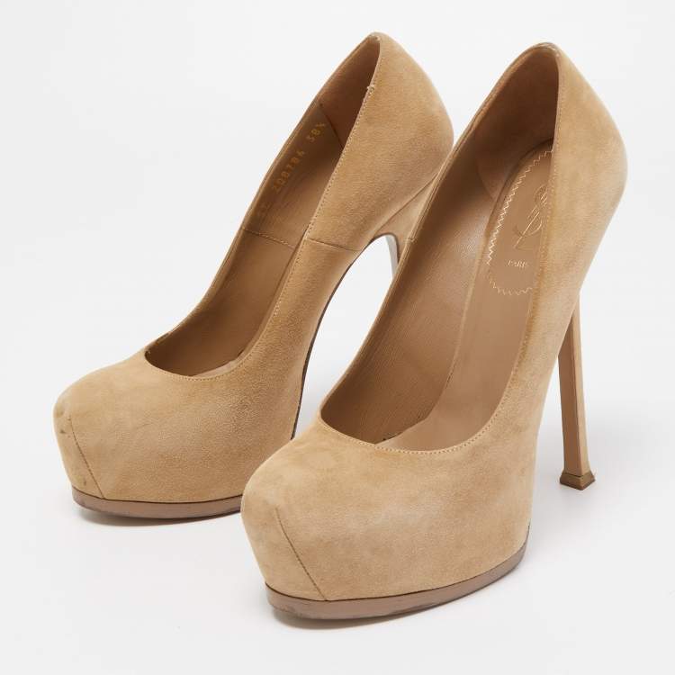 Pre Owned Saint Laurent Beige Suede Tribtoo Platform Pumps Size 38.5