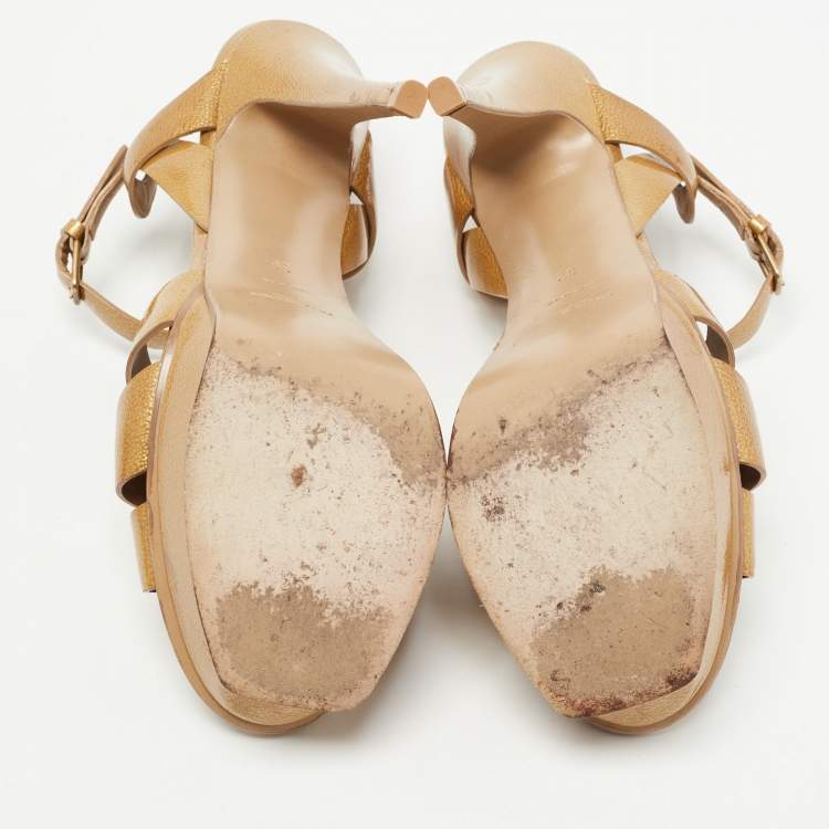 Pre Owned Saint Laurent Gold Patent Leather Tribute Sandals Size 39