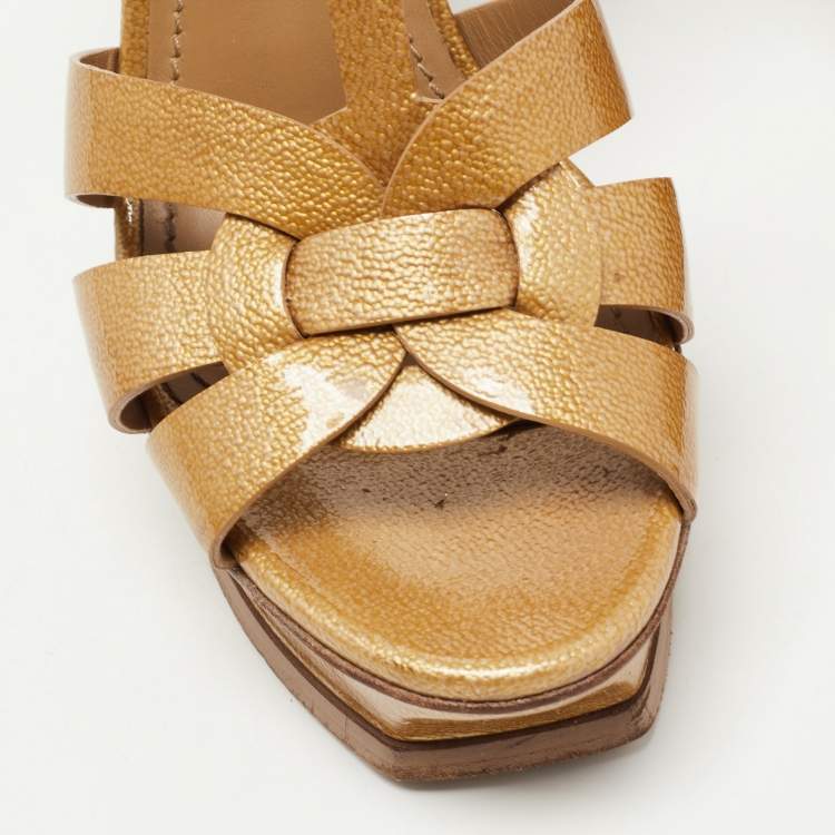 Pre Owned Saint Laurent Gold Patent Leather Tribute Sandals Size 39