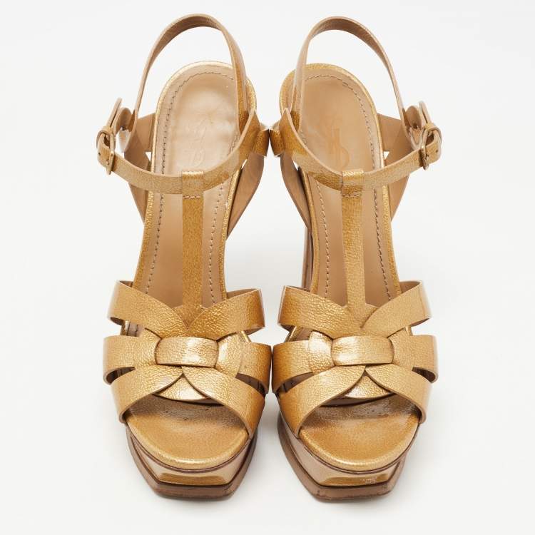Pre Owned Saint Laurent Gold Patent Leather Tribute Sandals Size 39