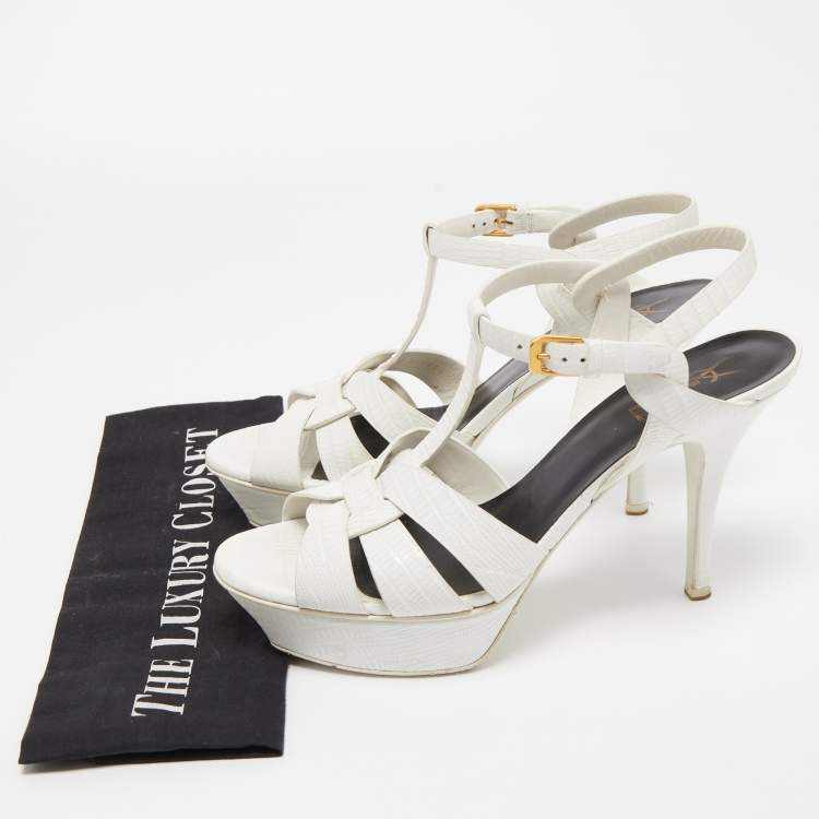 Pre Owned Saint Laurent White Lizard Embossed Leather Tribute Sandals Size 39.5