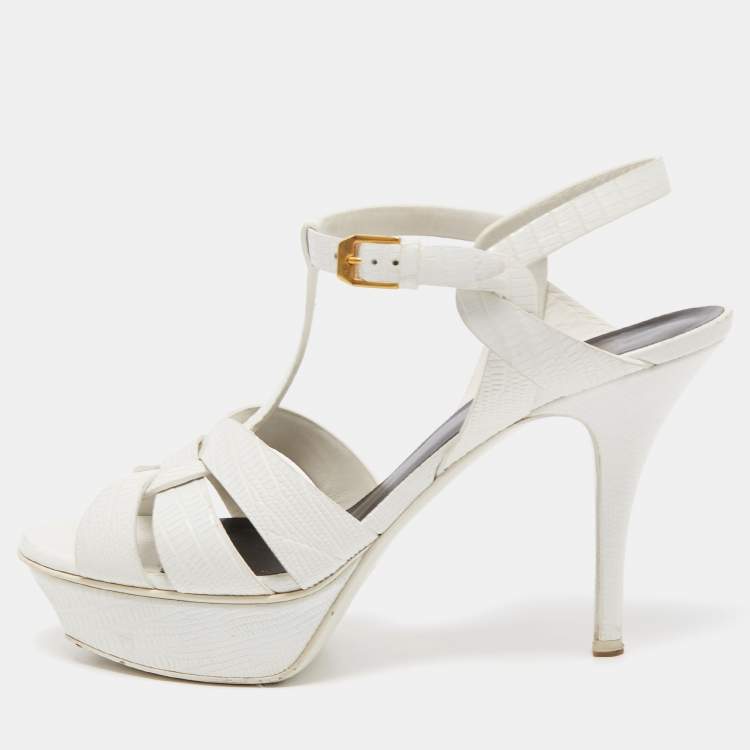 Pre Owned Saint Laurent White Lizard Embossed Leather Tribute Sandals Size 39.5