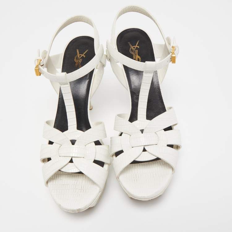 Pre Owned Saint Laurent White Lizard Embossed Leather Tribute Sandals Size 39.5