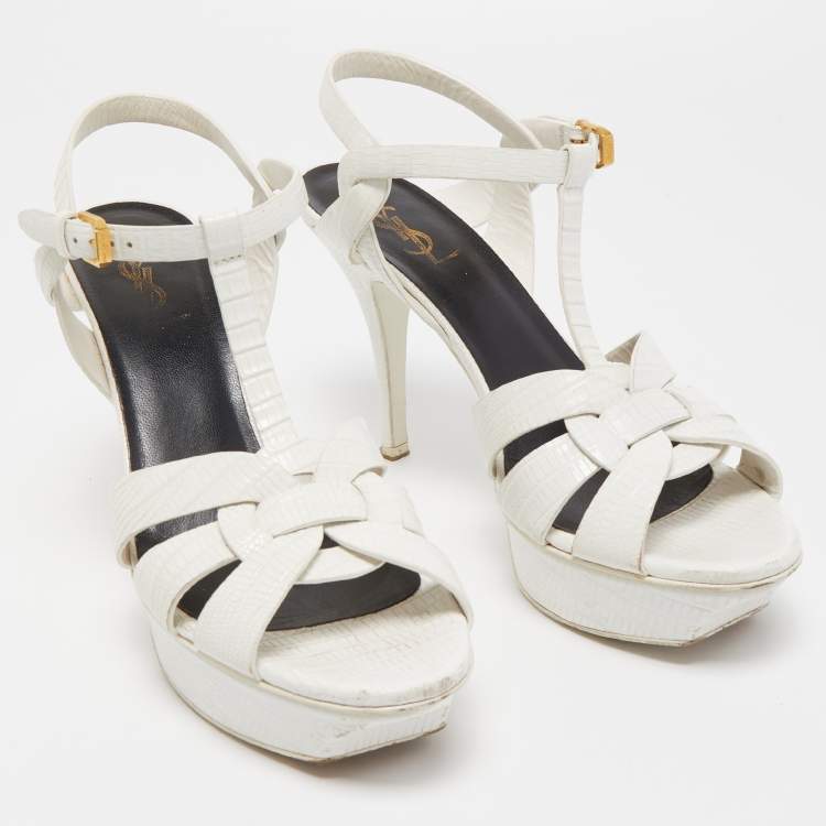 Pre Owned Saint Laurent White Lizard Embossed Leather Tribute Sandals Size 39.5
