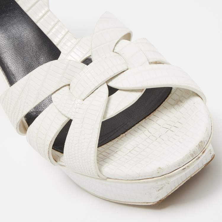 Pre Owned Saint Laurent White Lizard Embossed Leather Tribute Sandals Size 39.5