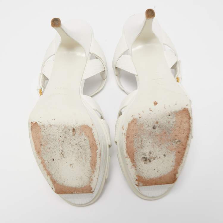 Pre Owned Saint Laurent White Lizard Embossed Leather Tribute Sandals Size 39.5