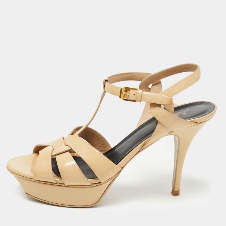 Pre Owned Saint Laurent Beige Patent Leather Tribute Sandals Size 39.5