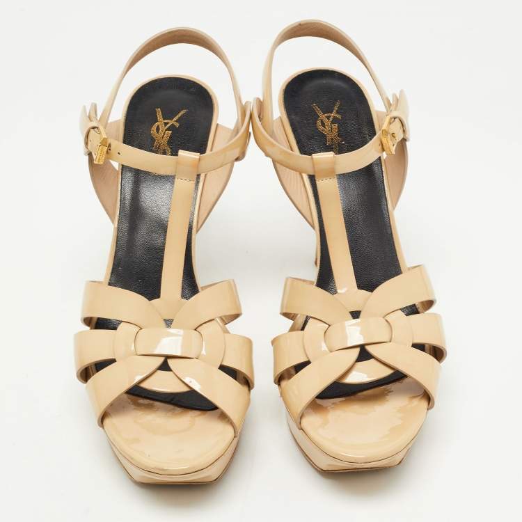 Pre Owned Saint Laurent Beige Patent Leather Tribute Sandals Size 39.5