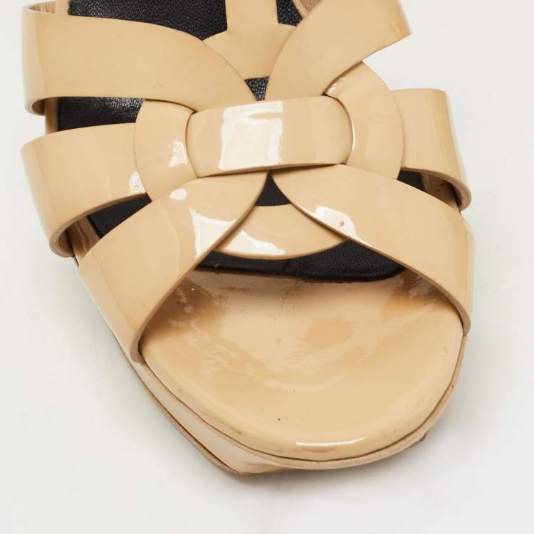 Pre Owned Saint Laurent Beige Patent Leather Tribute Sandals Size 39.5