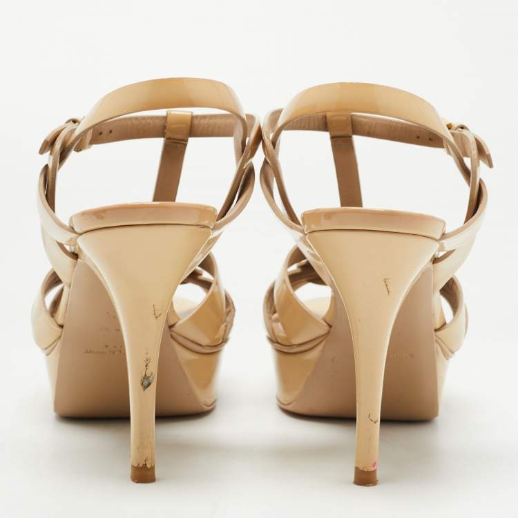 Pre Owned Saint Laurent Beige Patent Leather Tribute Sandals Size 39.5