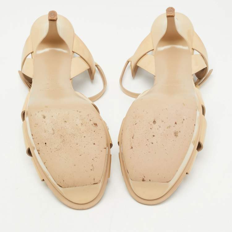 Pre Owned Saint Laurent Beige Patent Leather Tribute Sandals Size 39.5