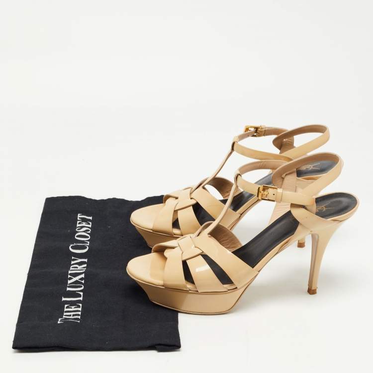 Pre Owned Saint Laurent Beige Patent Leather Tribute Sandals Size 39.5