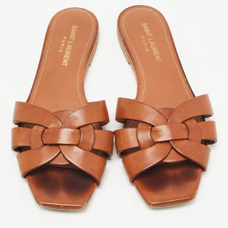 Pre Owned Saint Laurent Brown Leather Tribute Flat Slides Size 37 