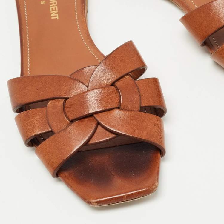 Pre Owned Saint Laurent Brown Leather Tribute Flat Slides Size 37 