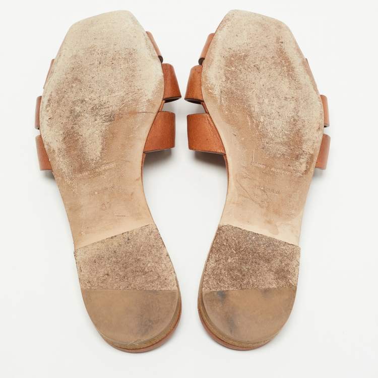 Pre Owned Saint Laurent Brown Leather Tribute Flat Slides Size 37 