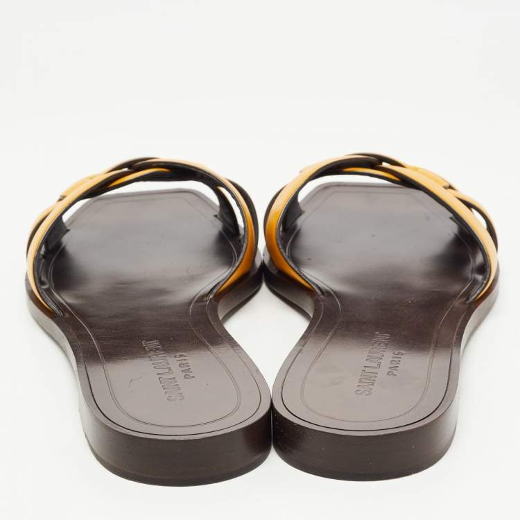 Pre Owned Saint Laurent Yellow Leather Tribute Flat Slides Size 37 