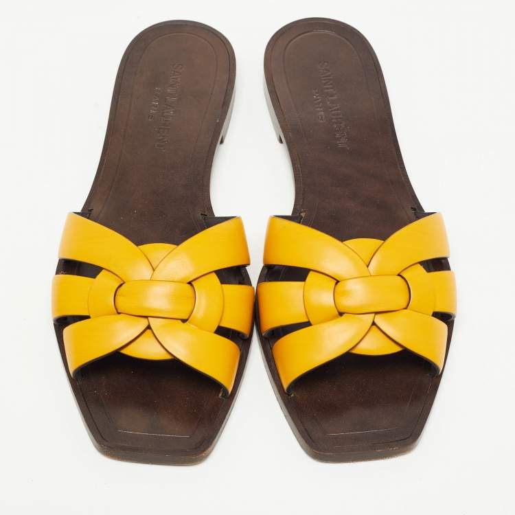 Pre Owned Saint Laurent Yellow Leather Tribute Flat Slides Size 37 