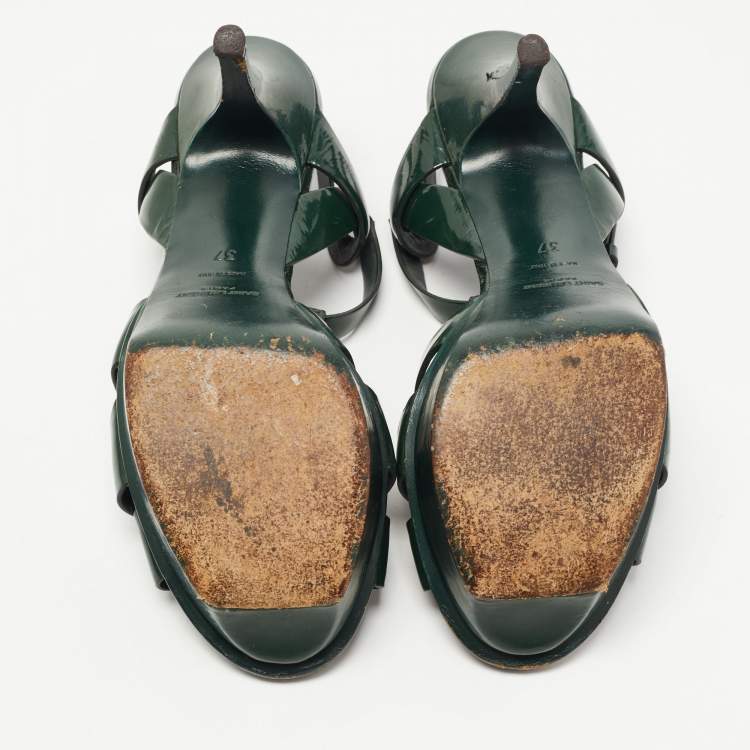Pre Owned Saint Laurent Green Patent Leather Tribute Sandals Size 37