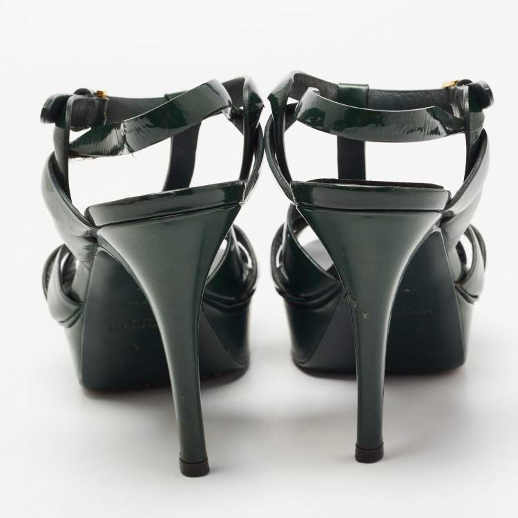 Pre Owned Saint Laurent Green Patent Leather Tribute Sandals Size 37