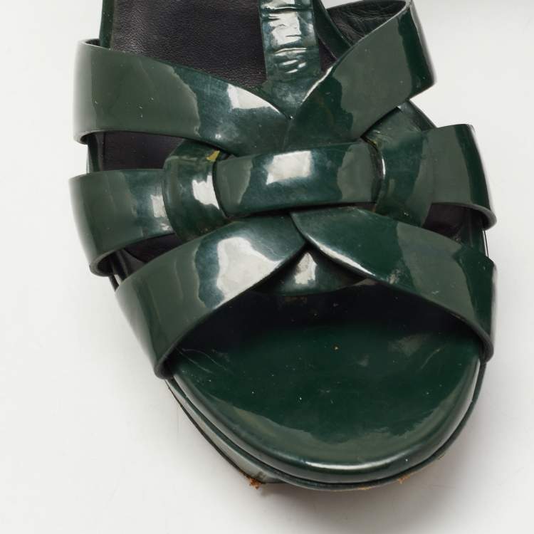 Pre Owned Saint Laurent Green Patent Leather Tribute Sandals Size 37