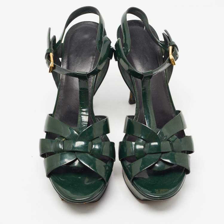 Pre Owned Saint Laurent Green Patent Leather Tribute Sandals Size 37