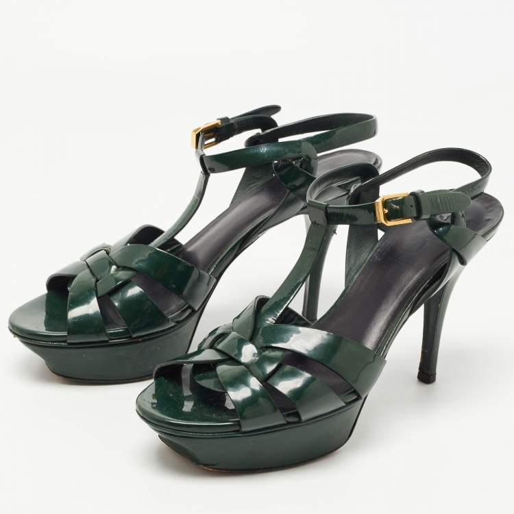 Pre Owned Saint Laurent Green Patent Leather Tribute Sandals Size 37