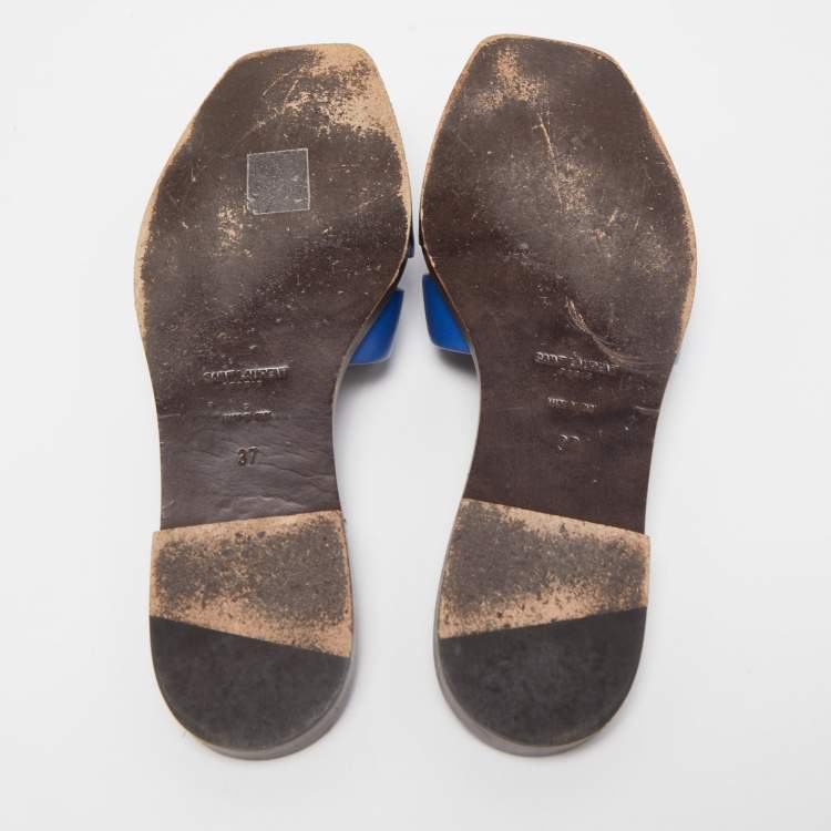 Pre Owned Saint Laurent Blue Leather Tribute Slide Flats Size 37  