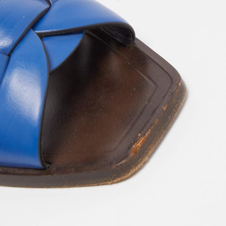 Pre Owned Saint Laurent Blue Leather Tribute Slide Flats Size 37  