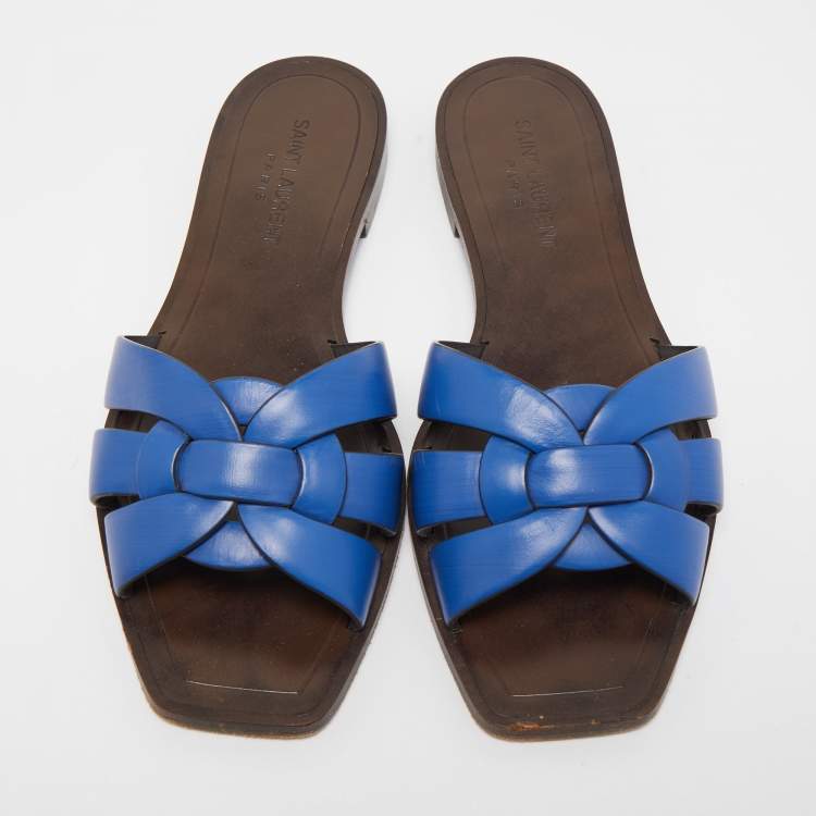 Pre Owned Saint Laurent Blue Leather Tribute Slide Flats Size 37  