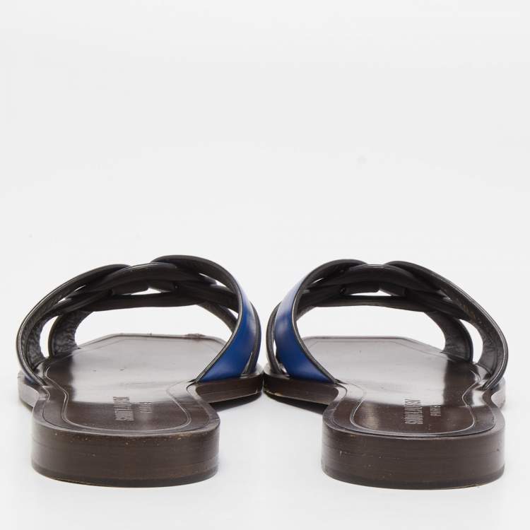 Pre Owned Saint Laurent Blue Leather Tribute Slide Flats Size 37  