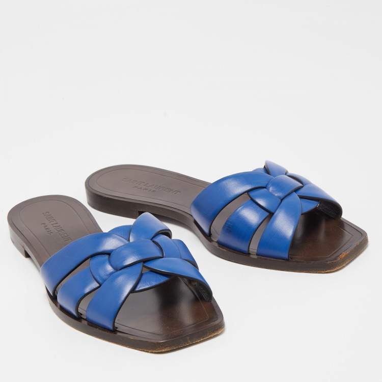 Pre Owned Saint Laurent Blue Leather Tribute Slide Flats Size 37  