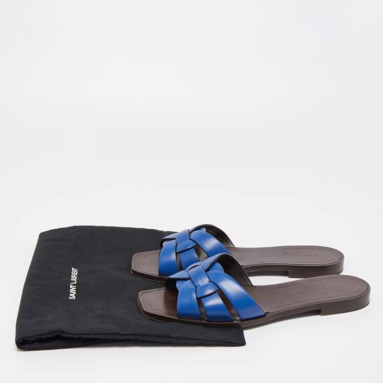 Pre Owned Saint Laurent Blue Leather Tribute Slide Flats Size 37  