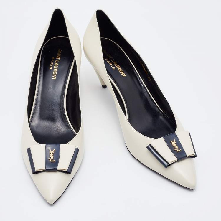 Pre Owned Saint Laurent Off-White Leather Anais Bow Pumps Size 41