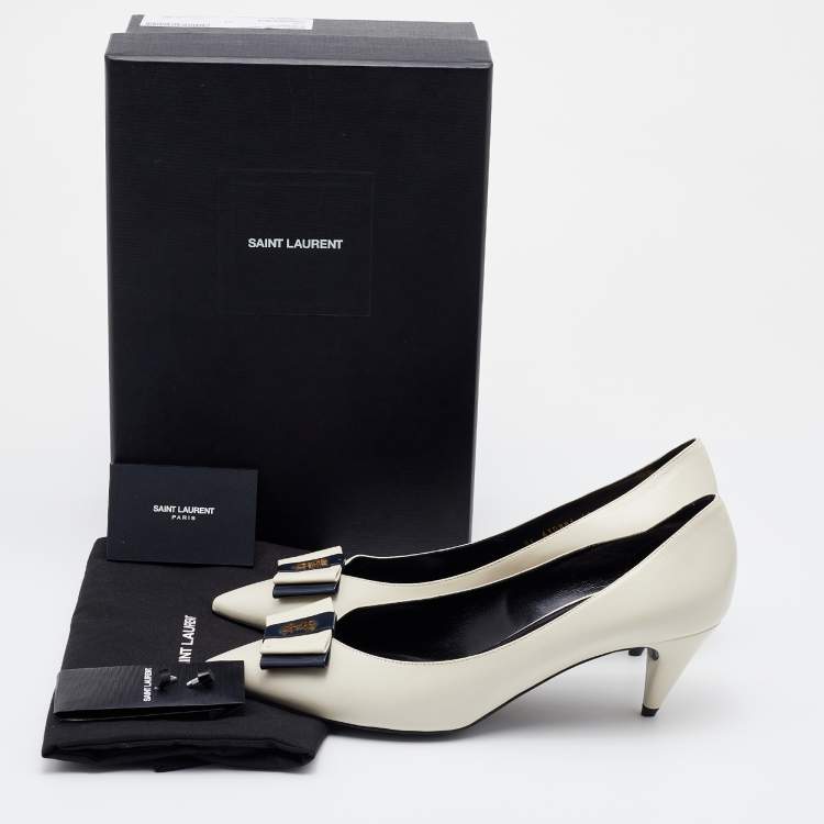 Pre Owned Saint Laurent Off-White Leather Anais Bow Pumps Size 41