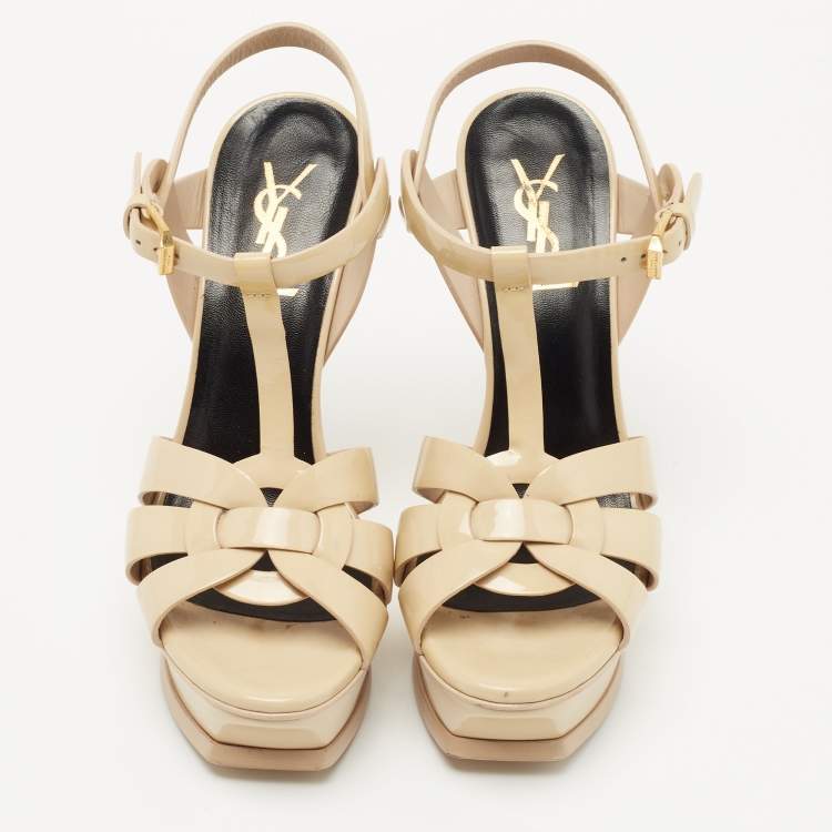 Pre Owned Saint Laurent Beige Patent Leather Tribute Sandals Size 35.5
