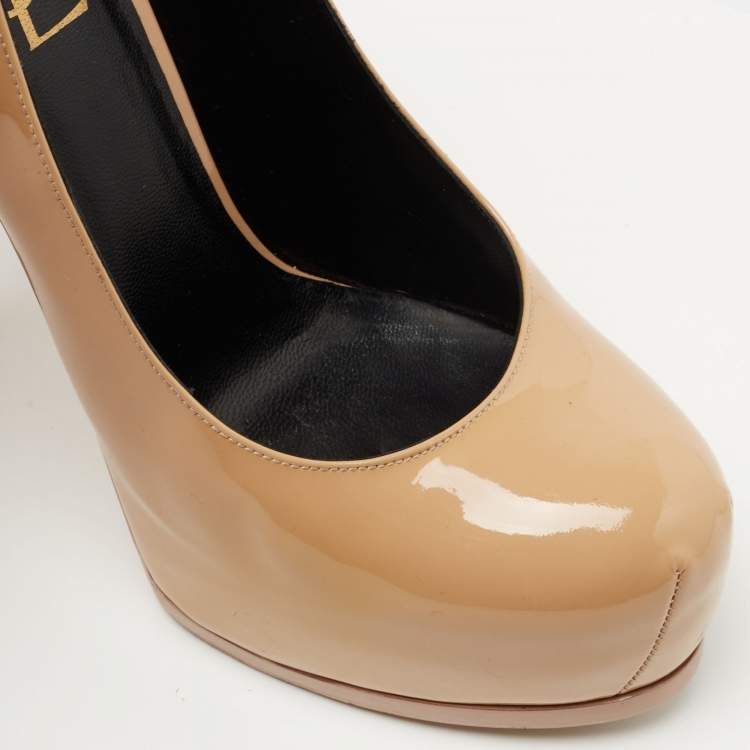 Pre Owned Saint Laurent Beige Patent Leather Tribtoo Platform Pumps Size 38.5